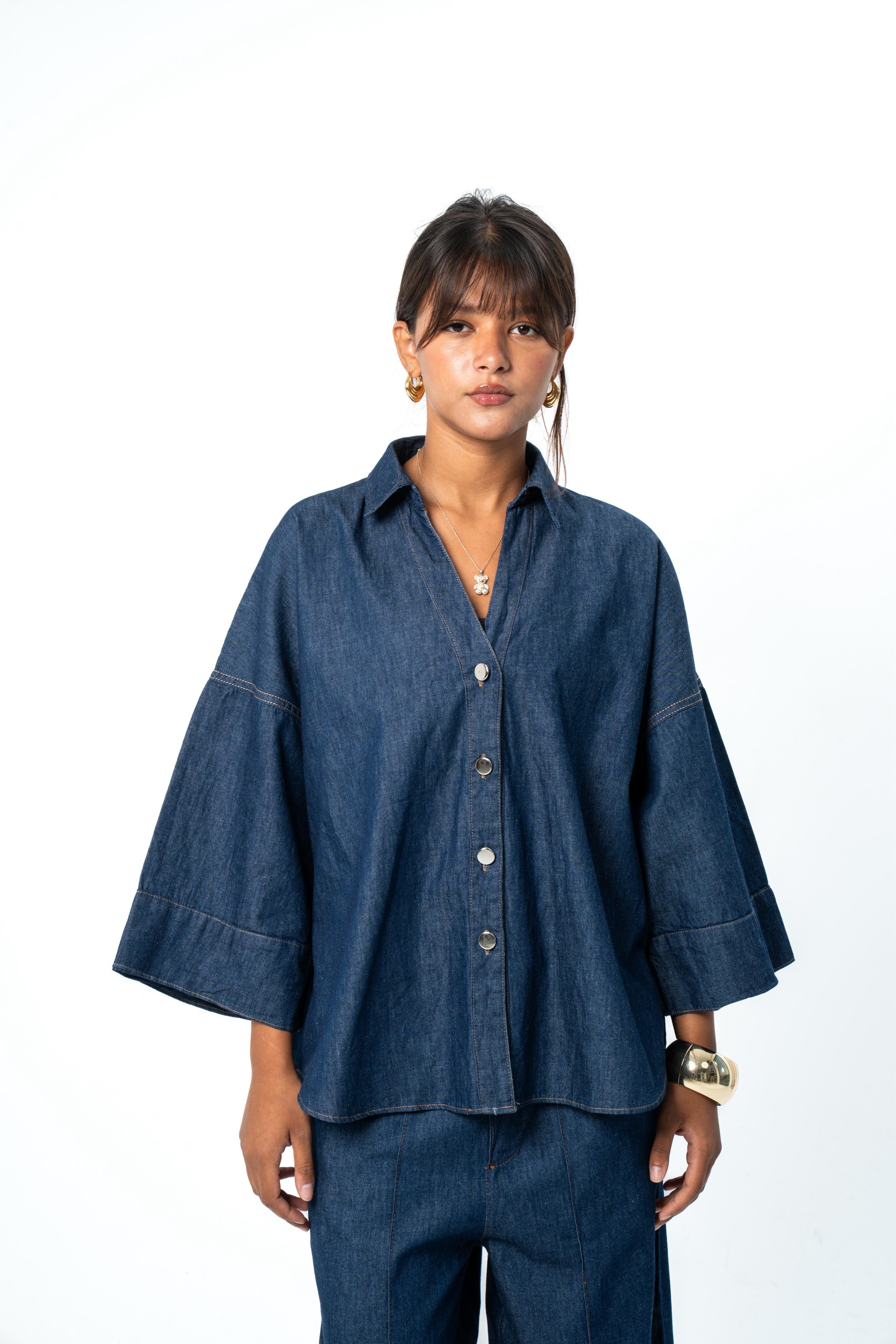WIDE SLEEVE DENIM SHIRT - Dark Blue