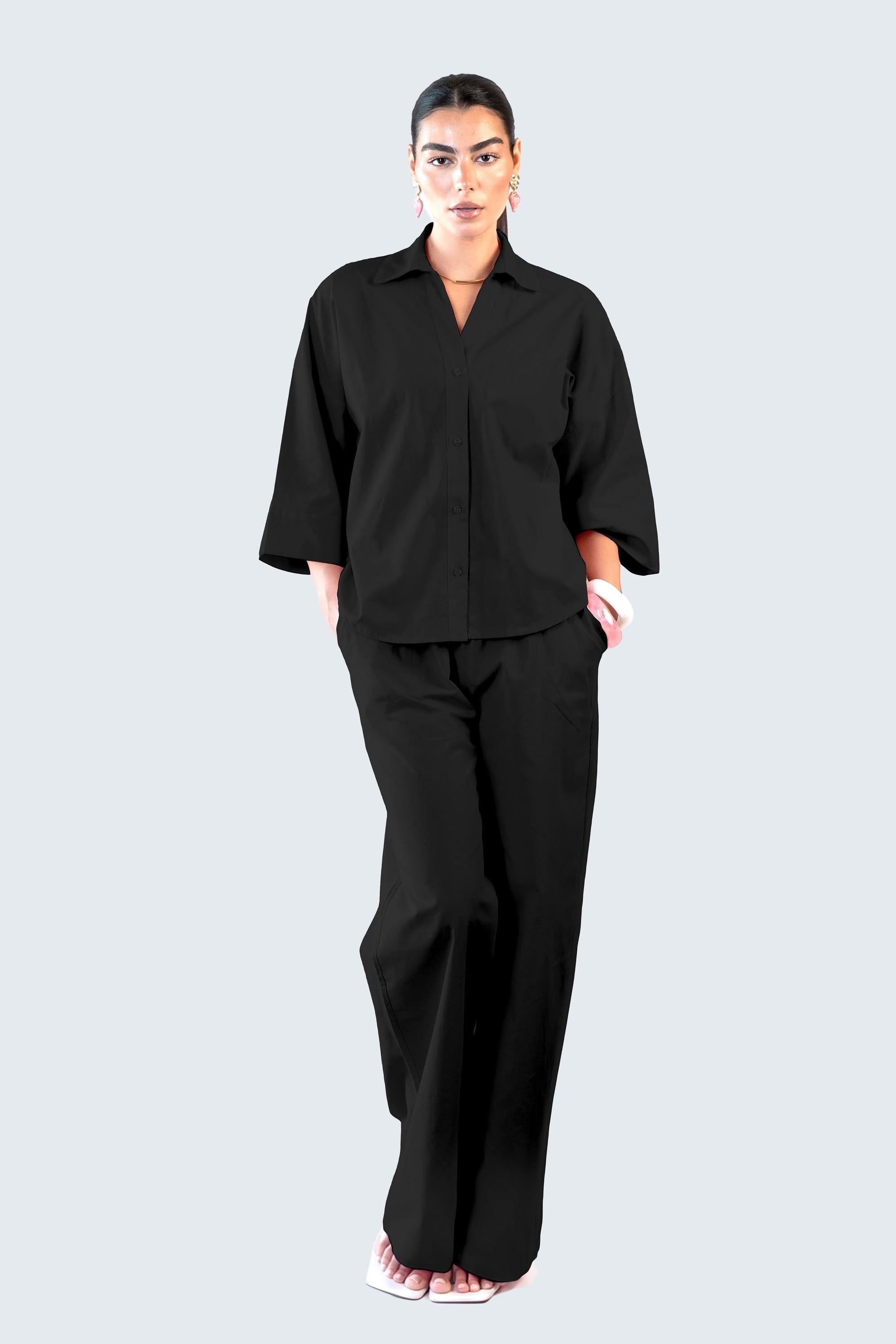 Wide Sleeve Linen Chemise - Black