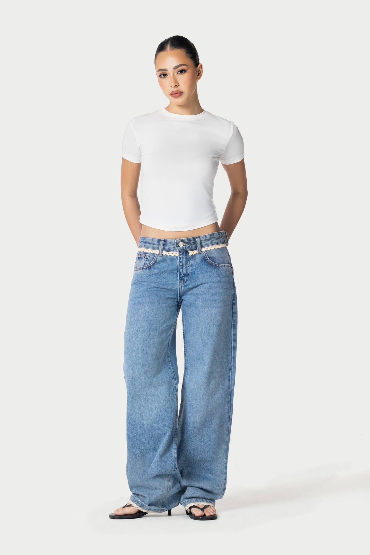 Straight Leg Jeans Waist Lace – Light Blue