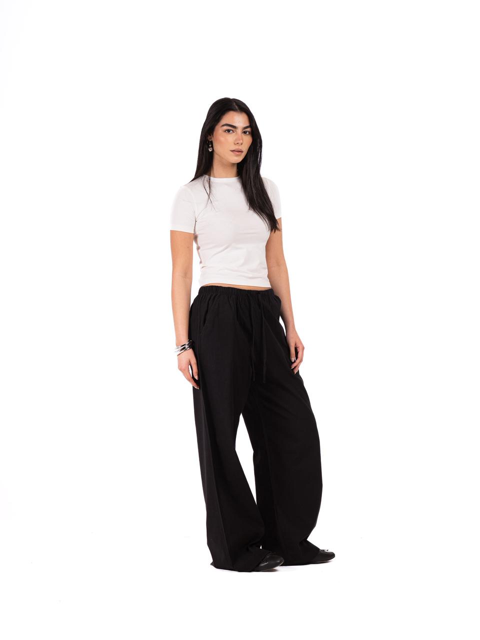 Wide Leg Linen Trousers -Black