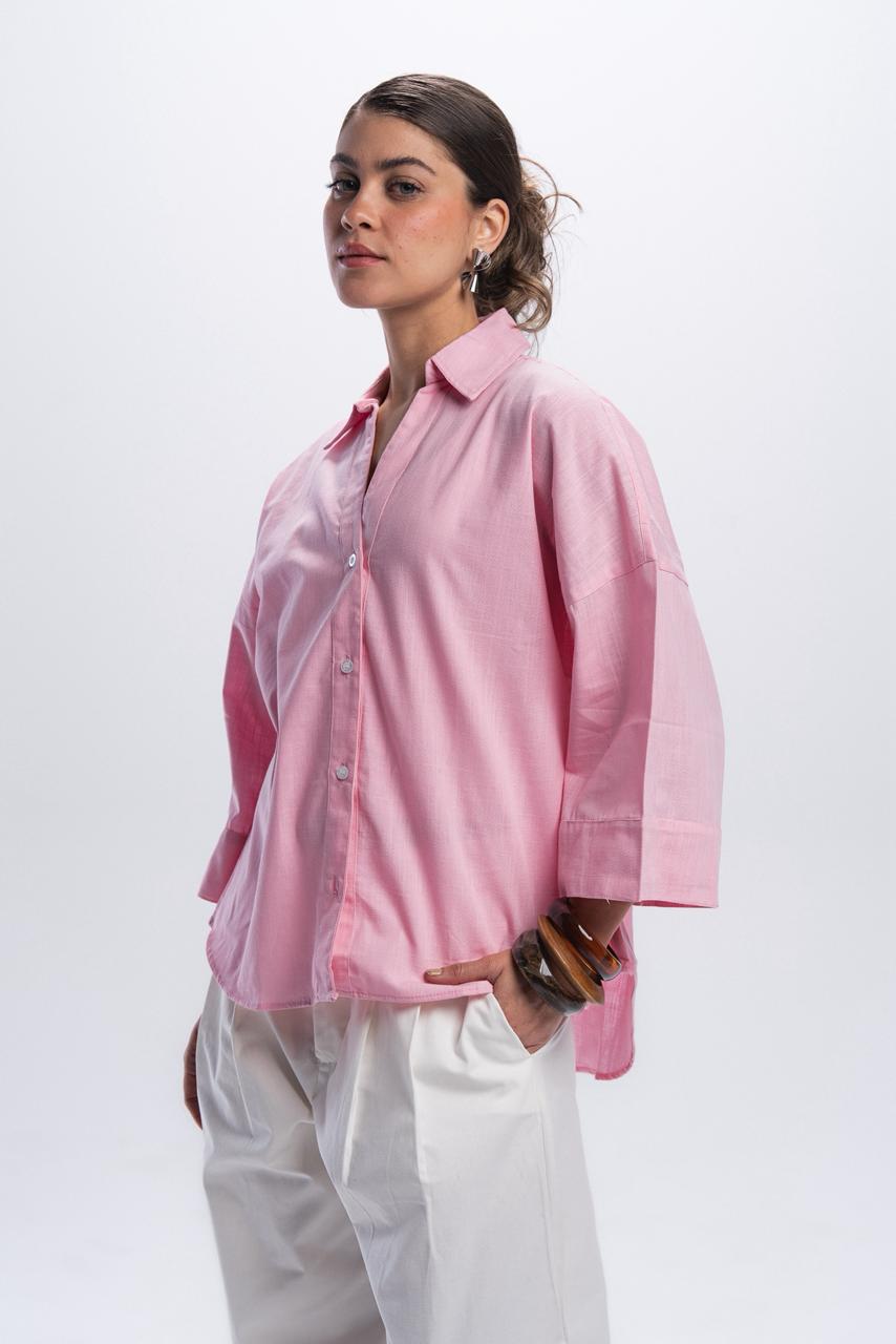 Wide Sleeve Linen Shirt - Pink