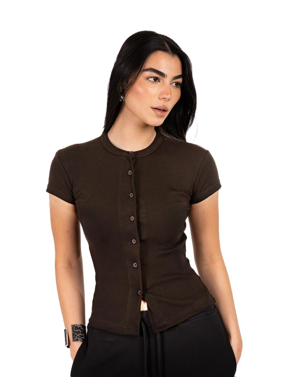 Short Sleeve buttons top - Brown