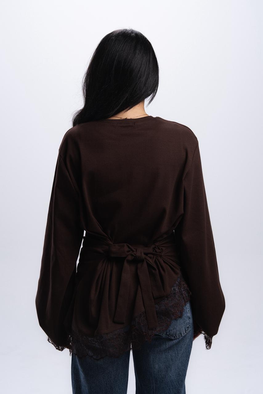 Long Sleeve Back tie lace Tee - Brown
