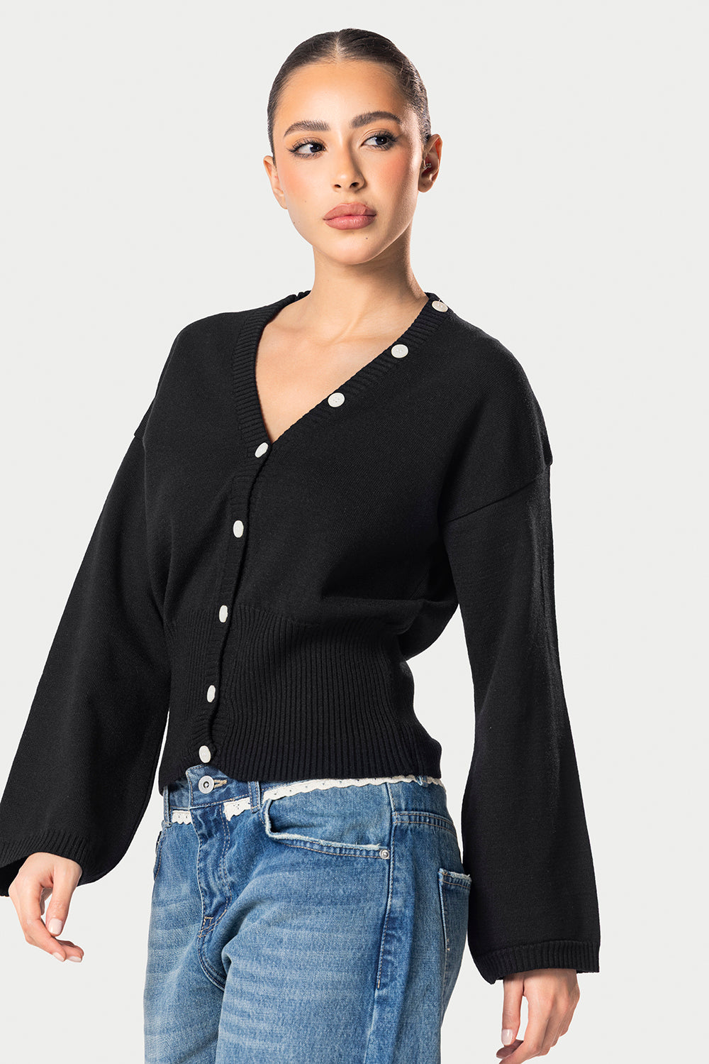 Wide Sleeve Knitted Cardigan – Black – photo 3