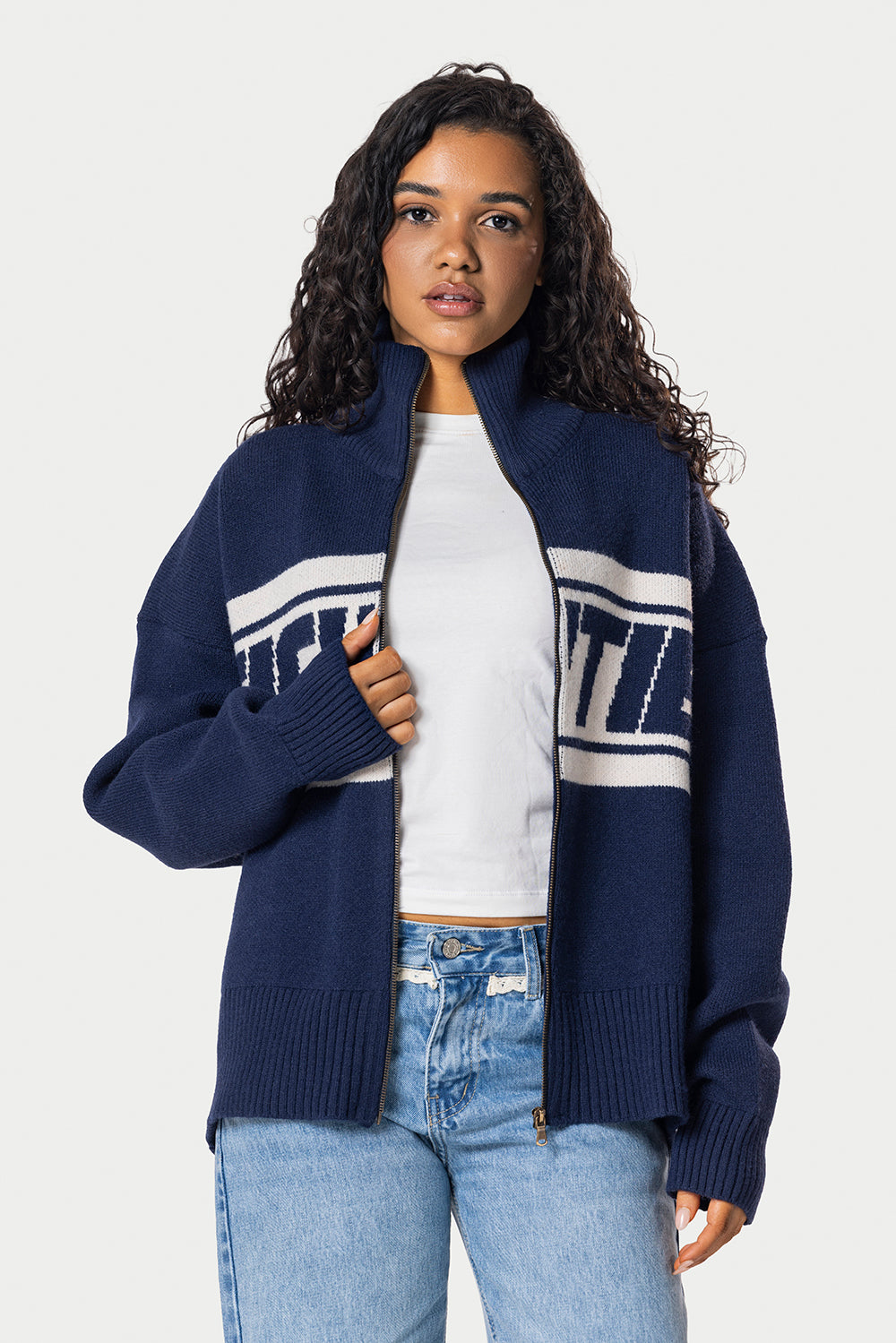 Eighties Zip Up knitted Sweater – Navy Blue – photo 3