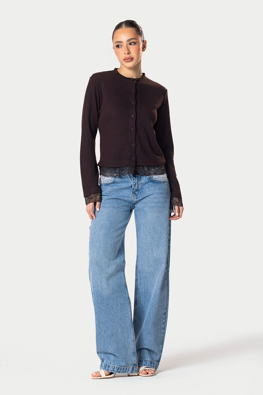 Long sleeve lace buttons top – Brown – photo 6