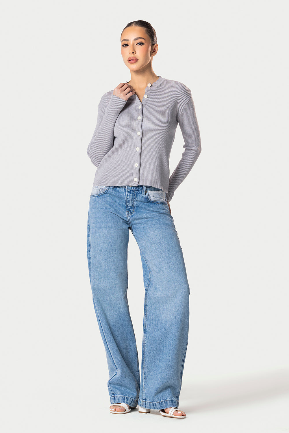 Knitted Ribbed Button Cardigan – Grey – photo 6