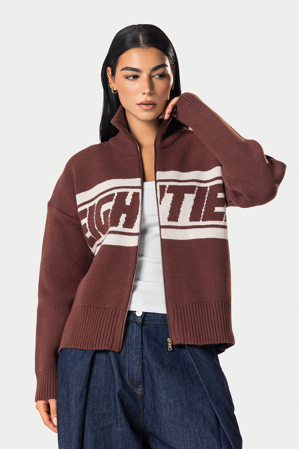 Eighties Zip Up knitted Sweater – Brown – photo 4