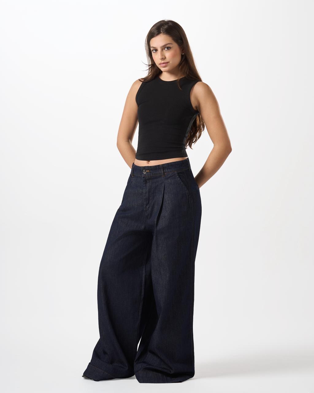Extra wide leg tailored jeans - blue raw
