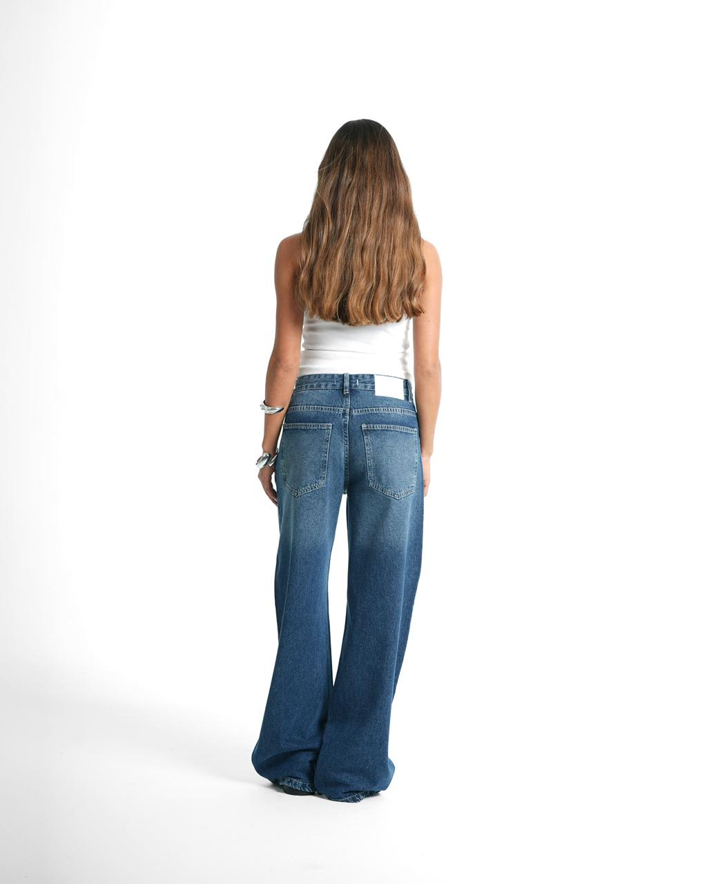 Cross-over waist wide leg jeans
- Blue