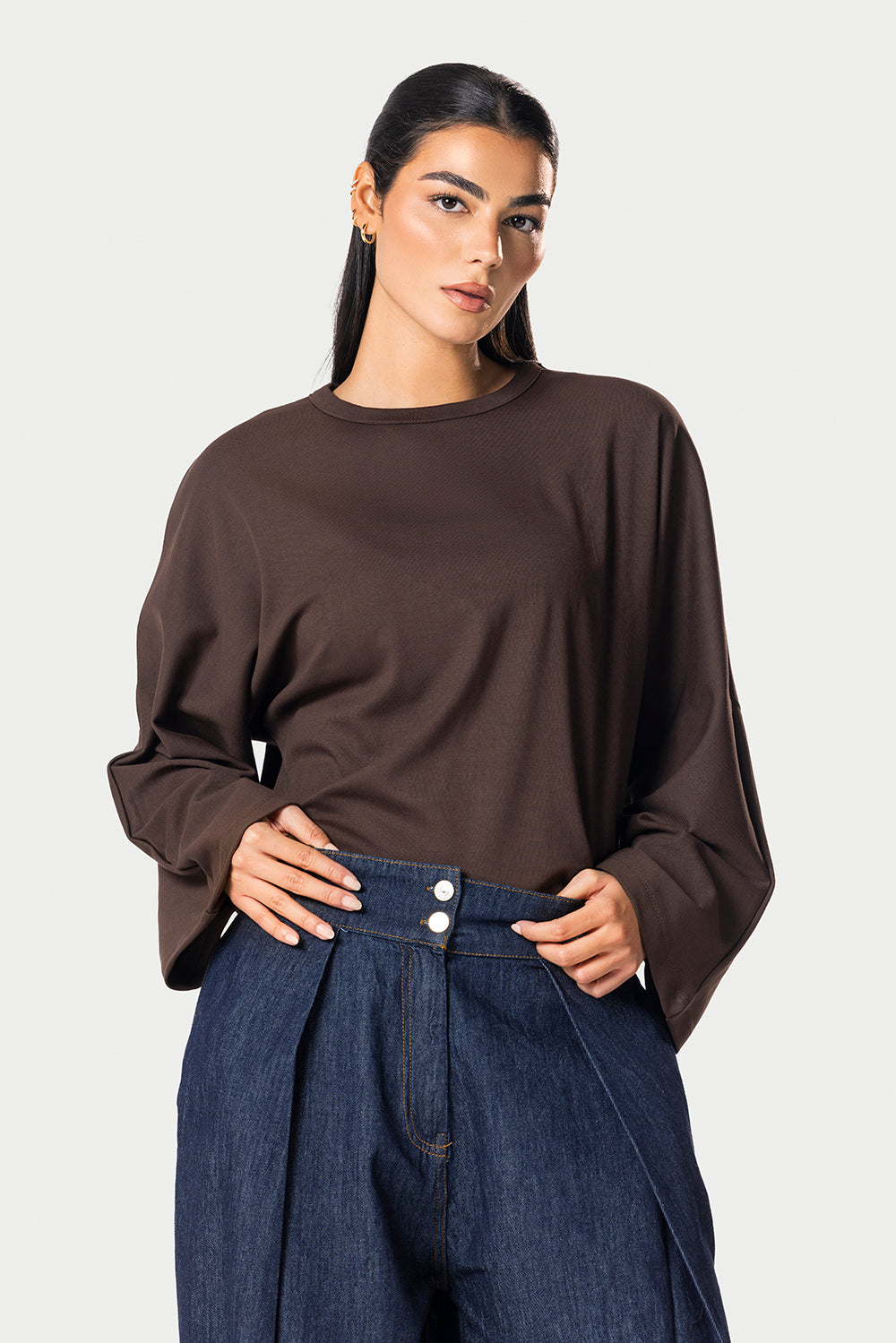 Wide Sleeve Cotton Tee – Brown – photo 3