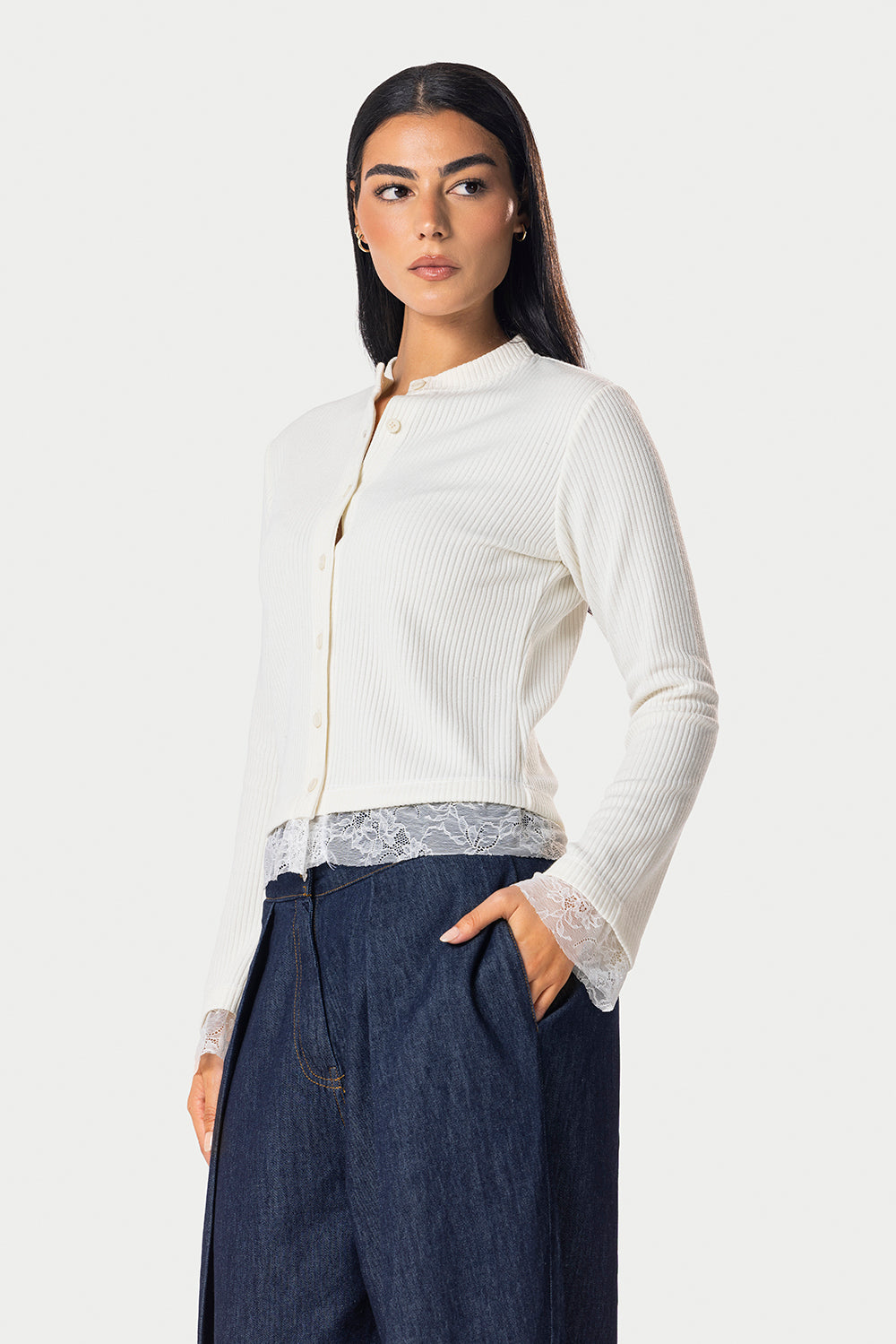 Long sleeve lace buttons top – Off white – photo 3
