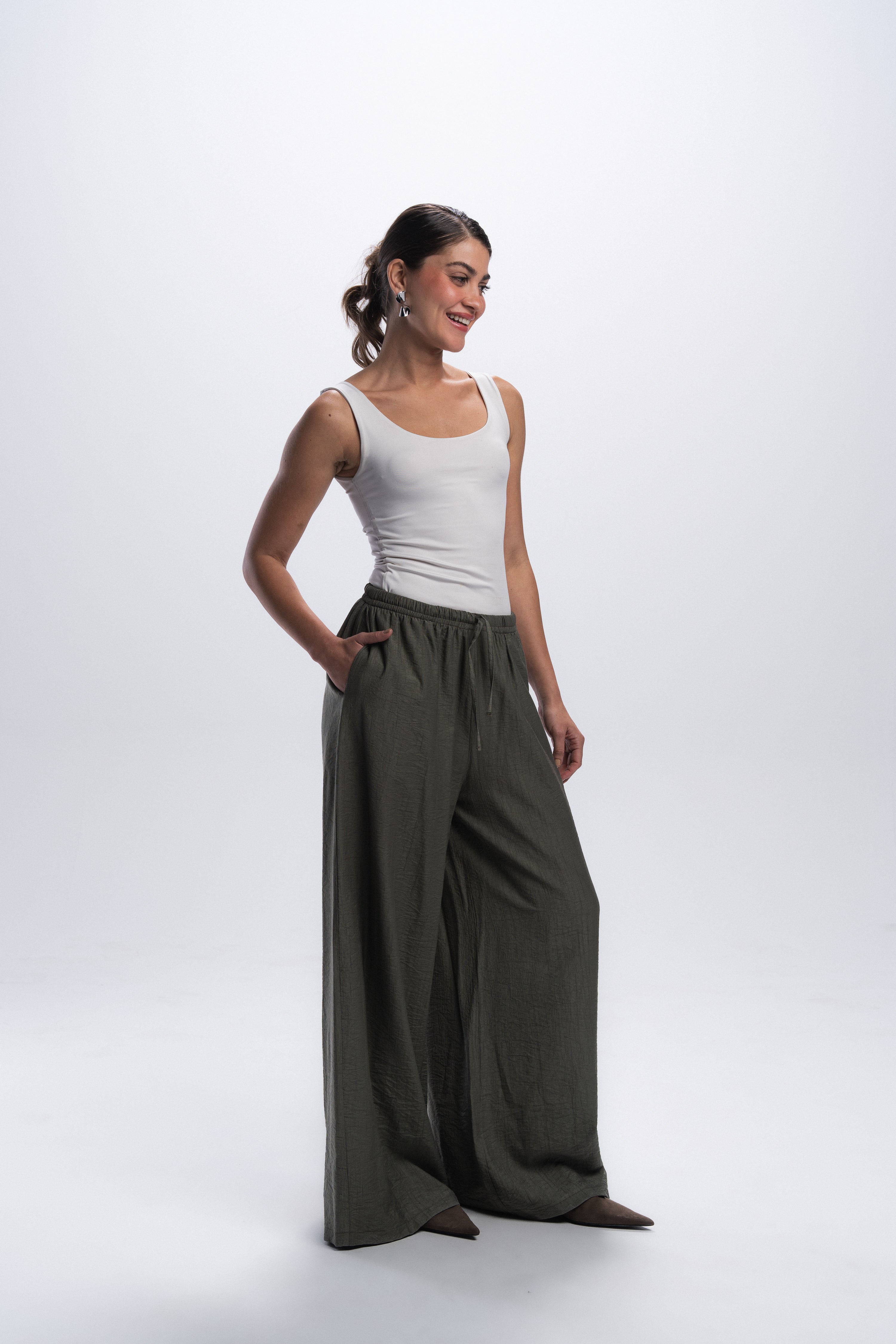 Crinkle linen pants - Olive