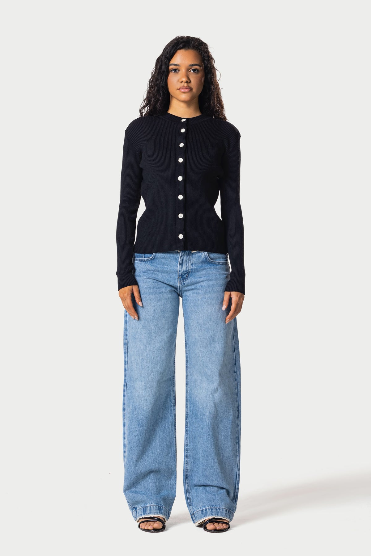 Knitted Ribbed Button Cardigan – Black – photo 3