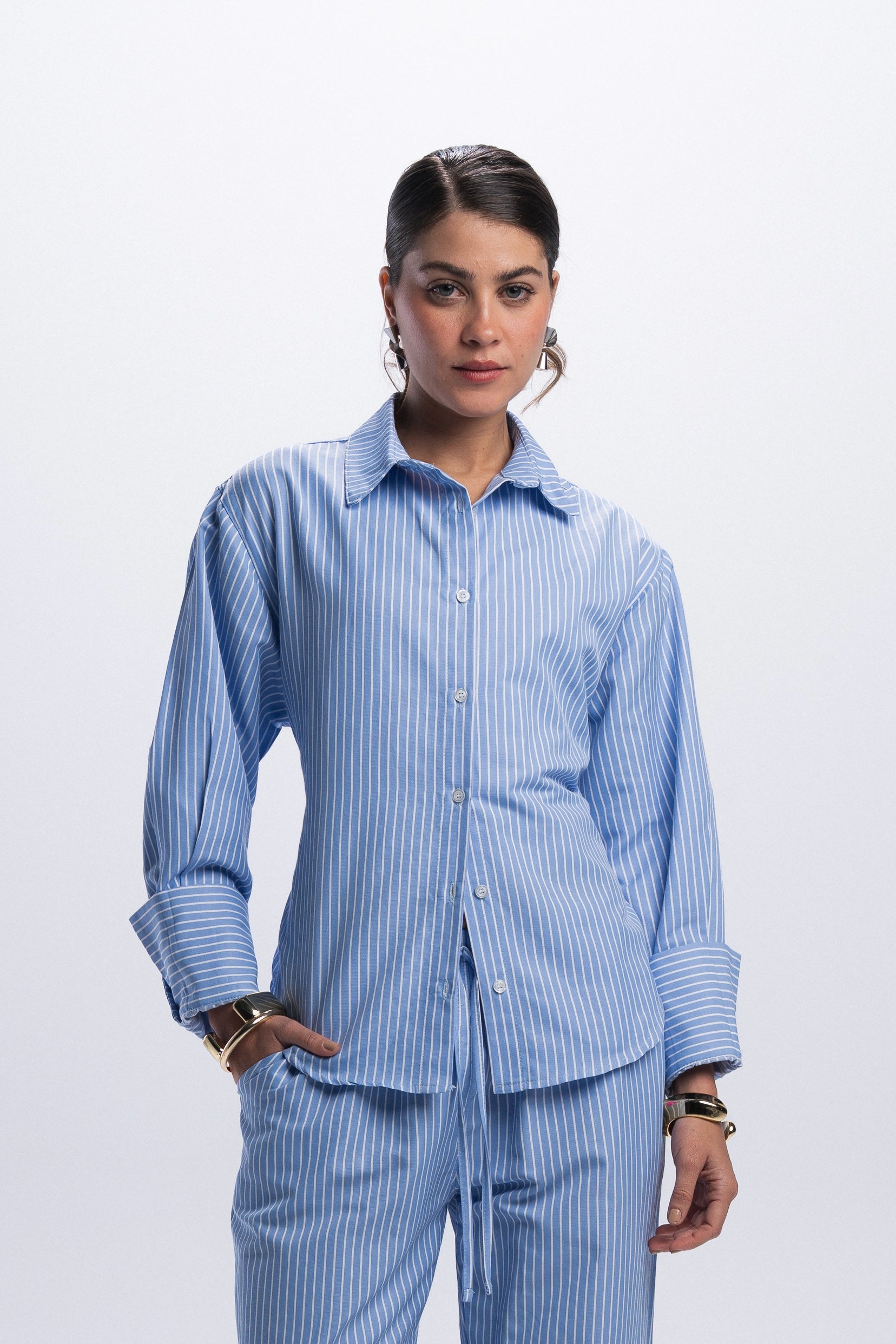 Back Tie Poplin Shirt - Blue striped