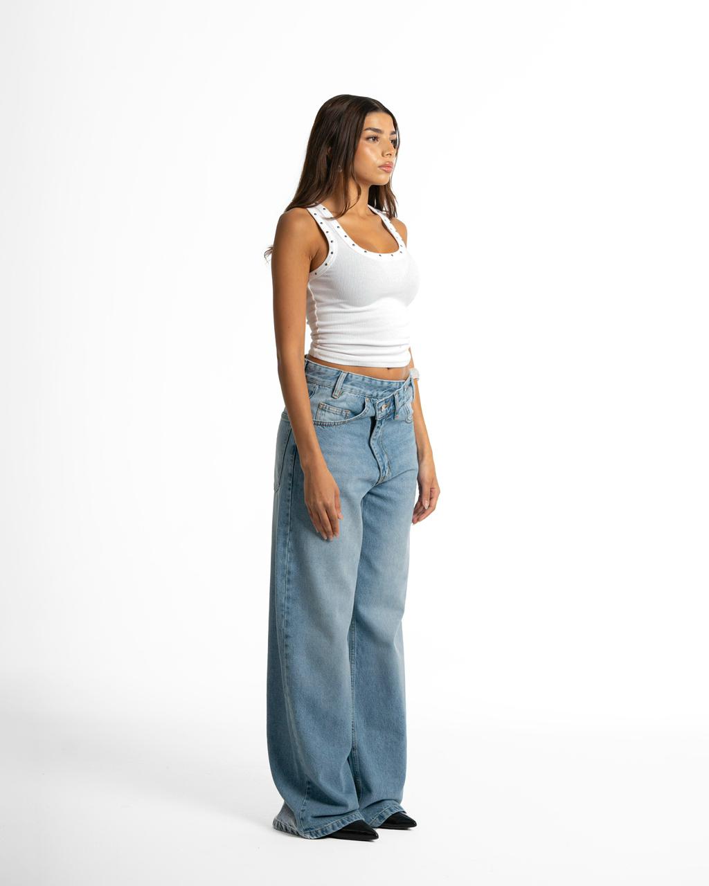Cross-over waist wide leg jeans
- Light blue