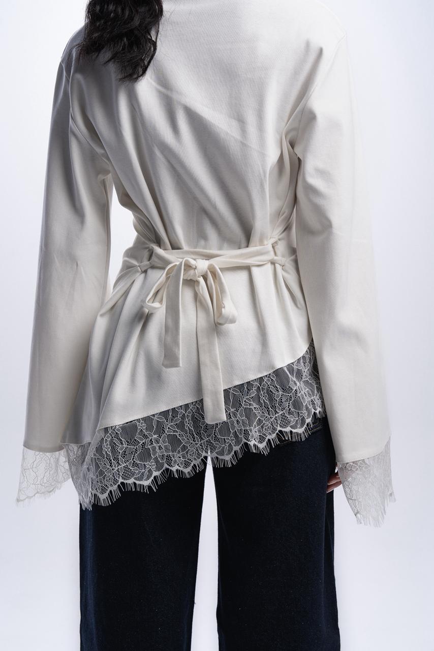 Long Sleeve Back tie lace Tee - Off white
