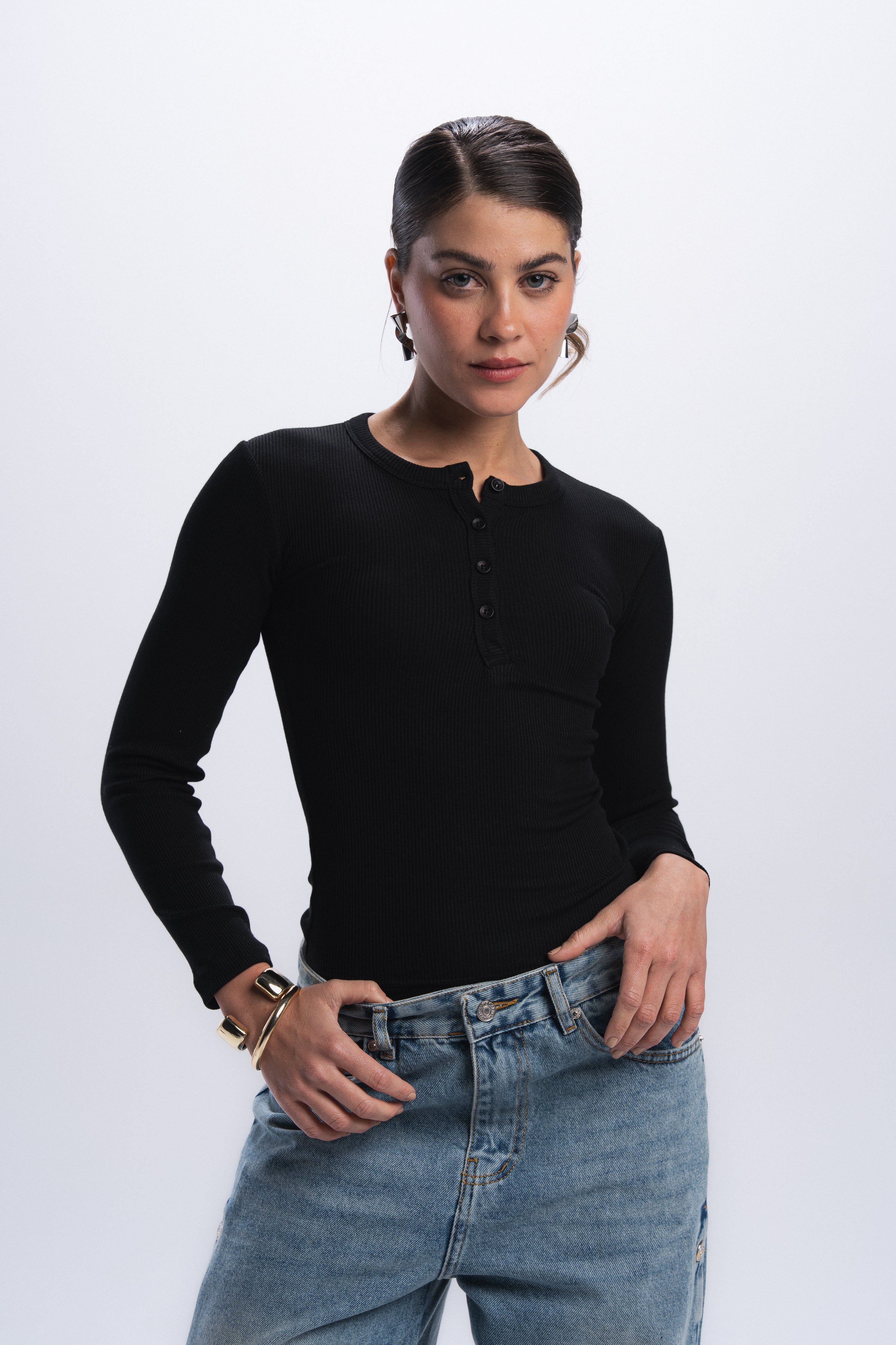Long Sleeve buttons top - Black
