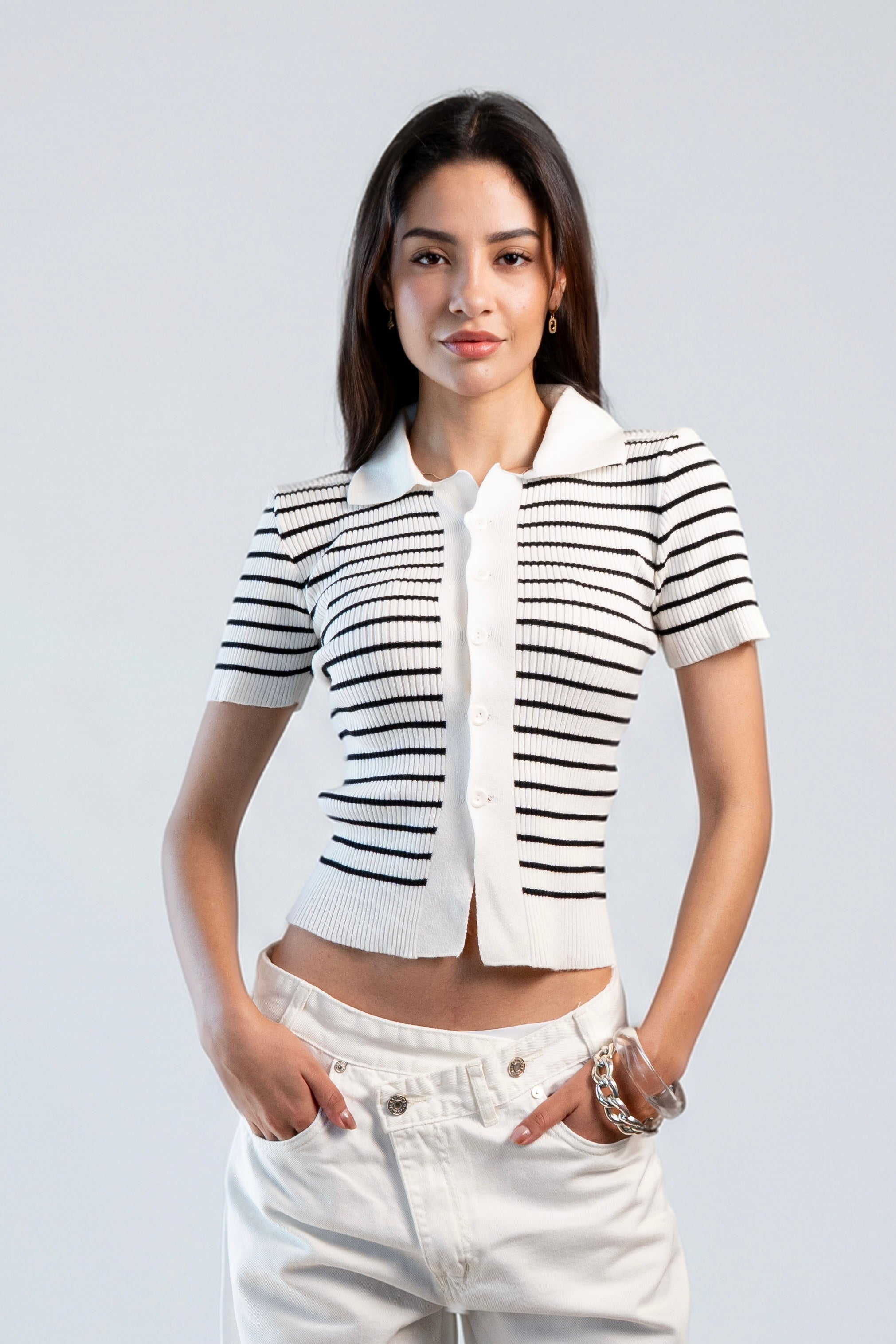 Buttoned striped knit Top - Ecru White