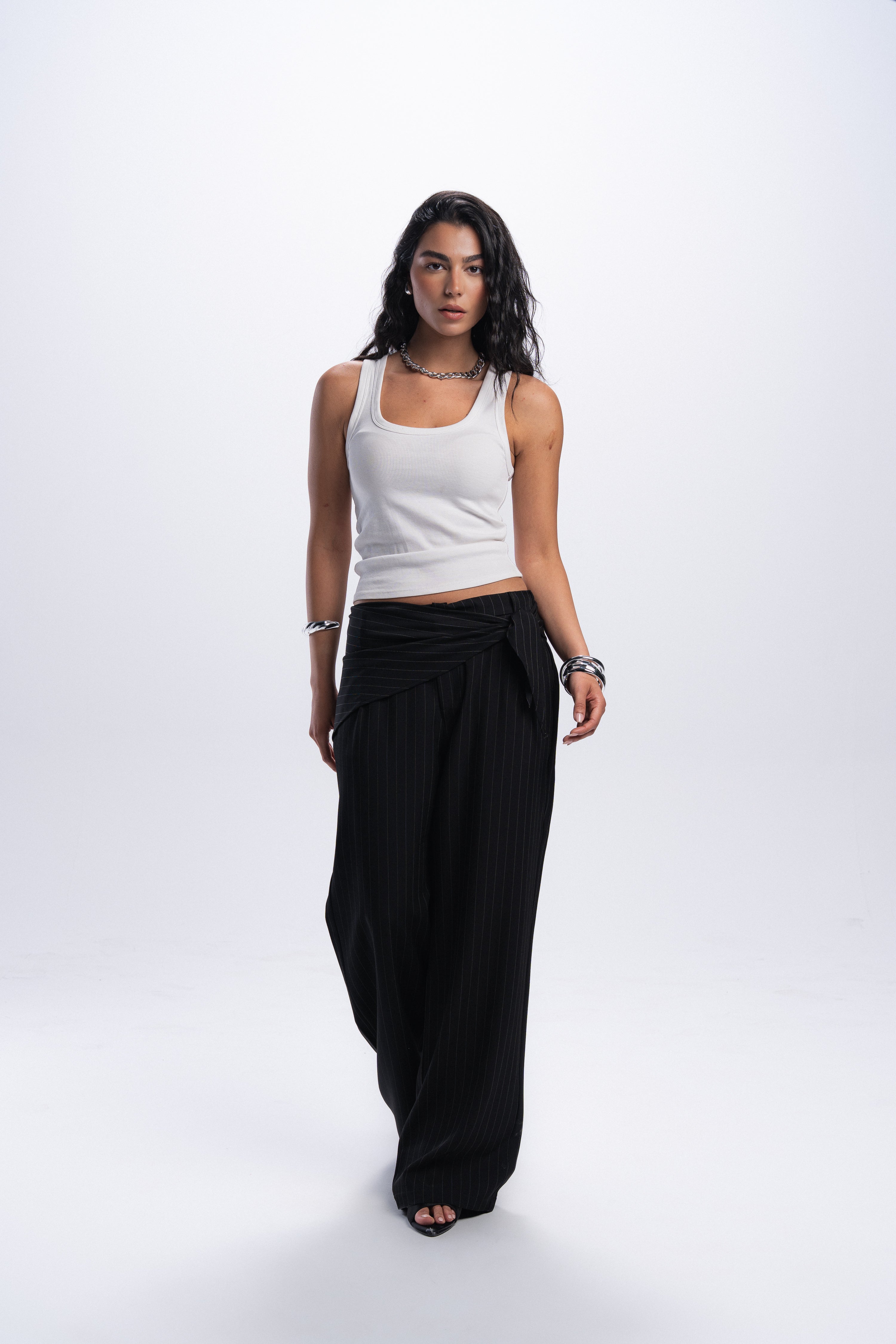 Scarf Pinstriped Pants - Black