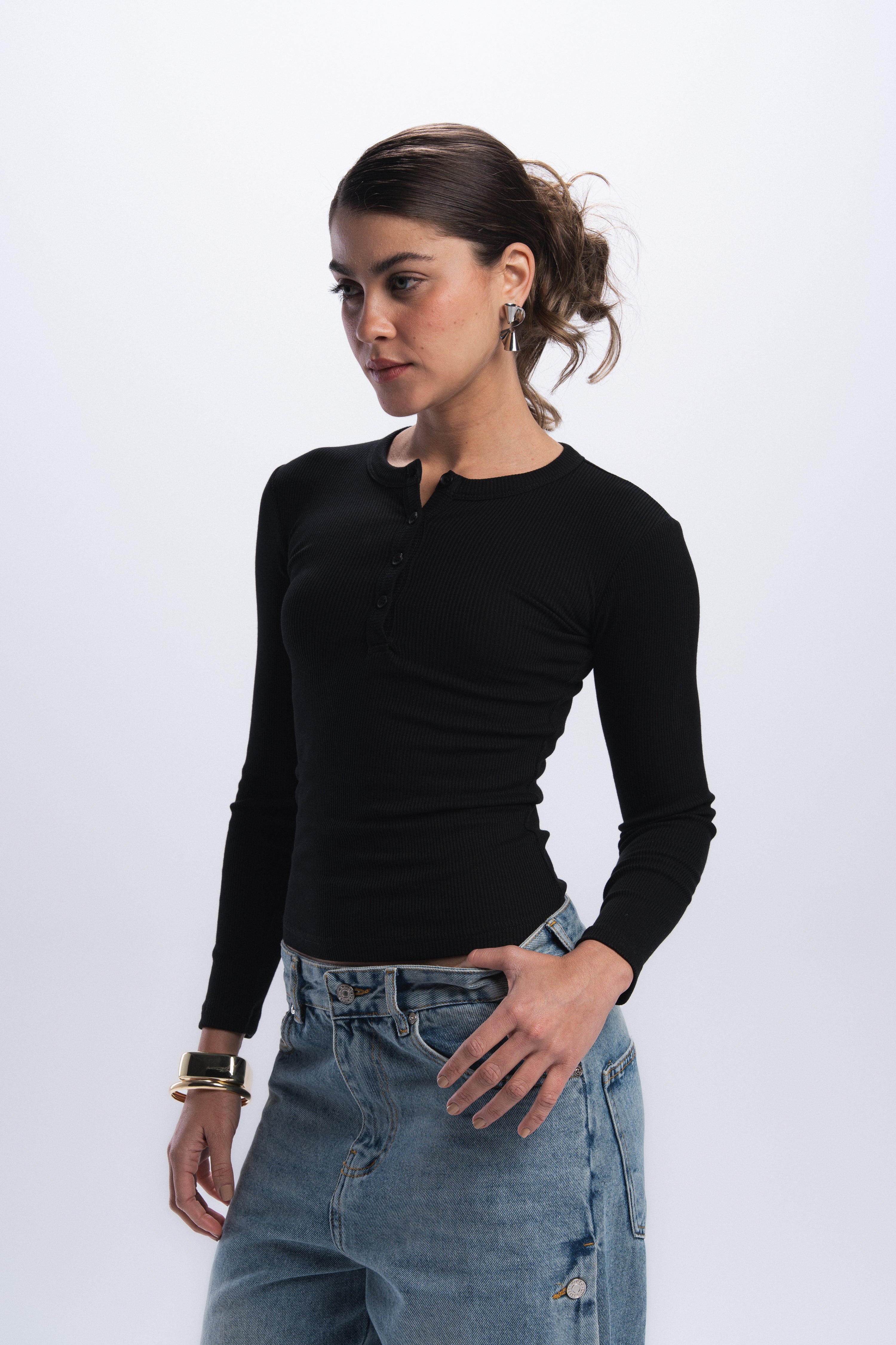 Long Sleeve buttons top - Black