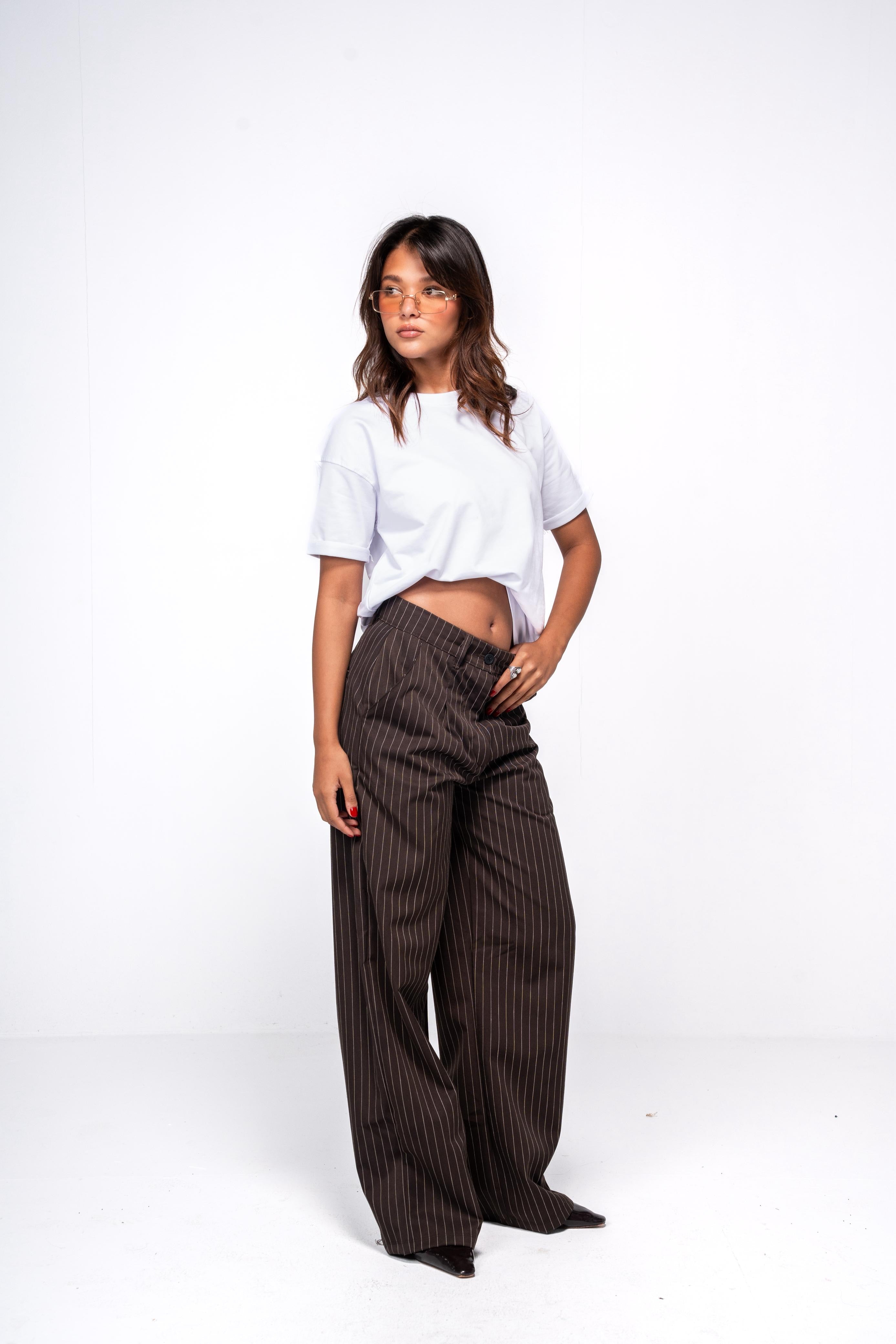 Classic Pinstriped Pants - Brown