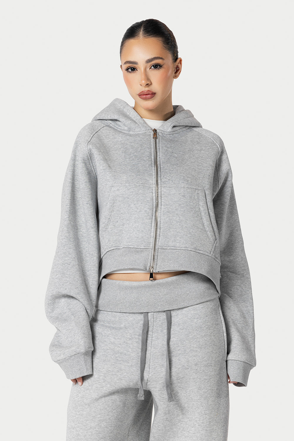 Cropped Double Zipper Jacket – Light Grey | Eighties