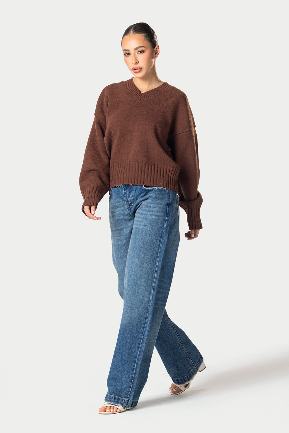 V-Neck Knitted Sweater – Brown – photo 8