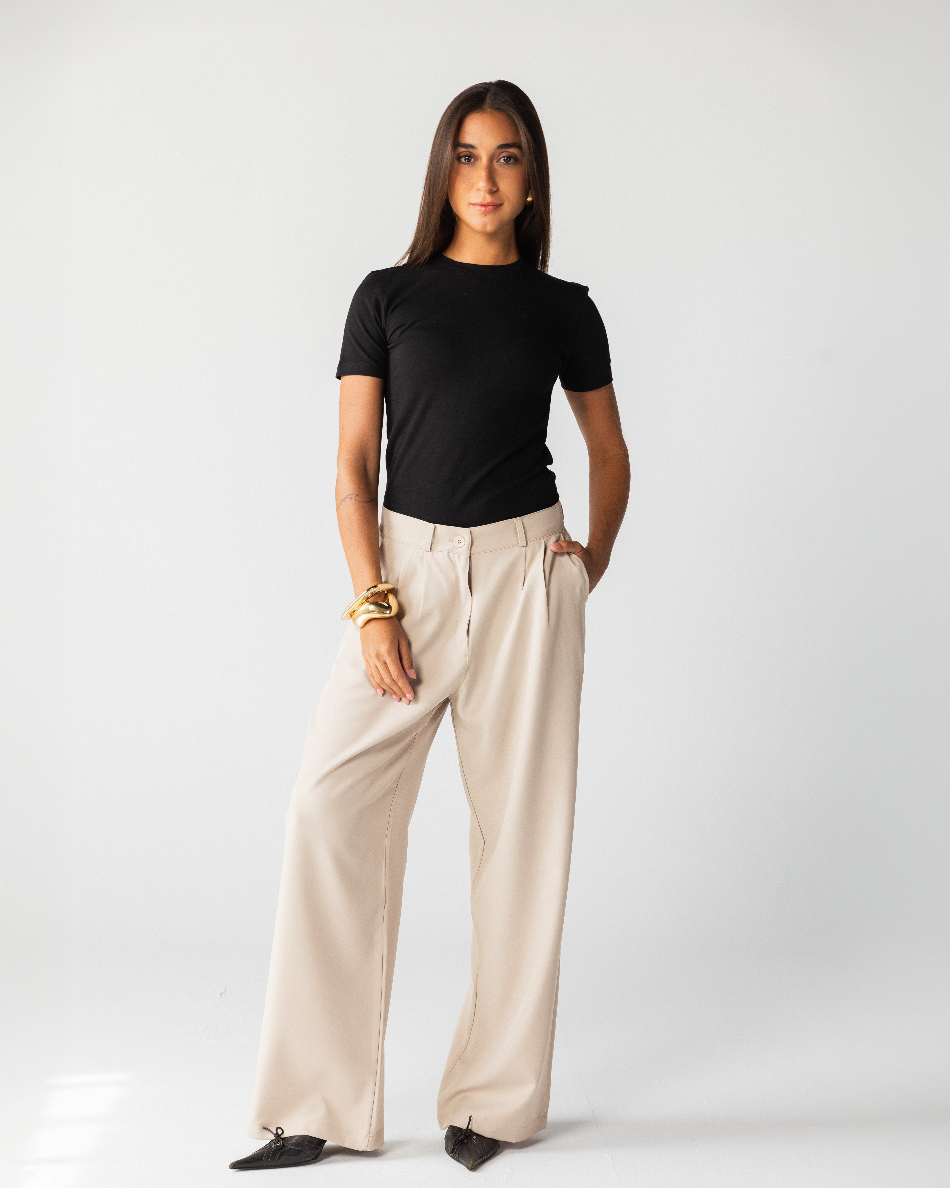 Wide Leg Tailored Pants- Beige