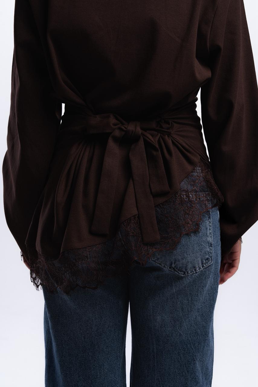 Long Sleeve Back tie lace Tee - Brown