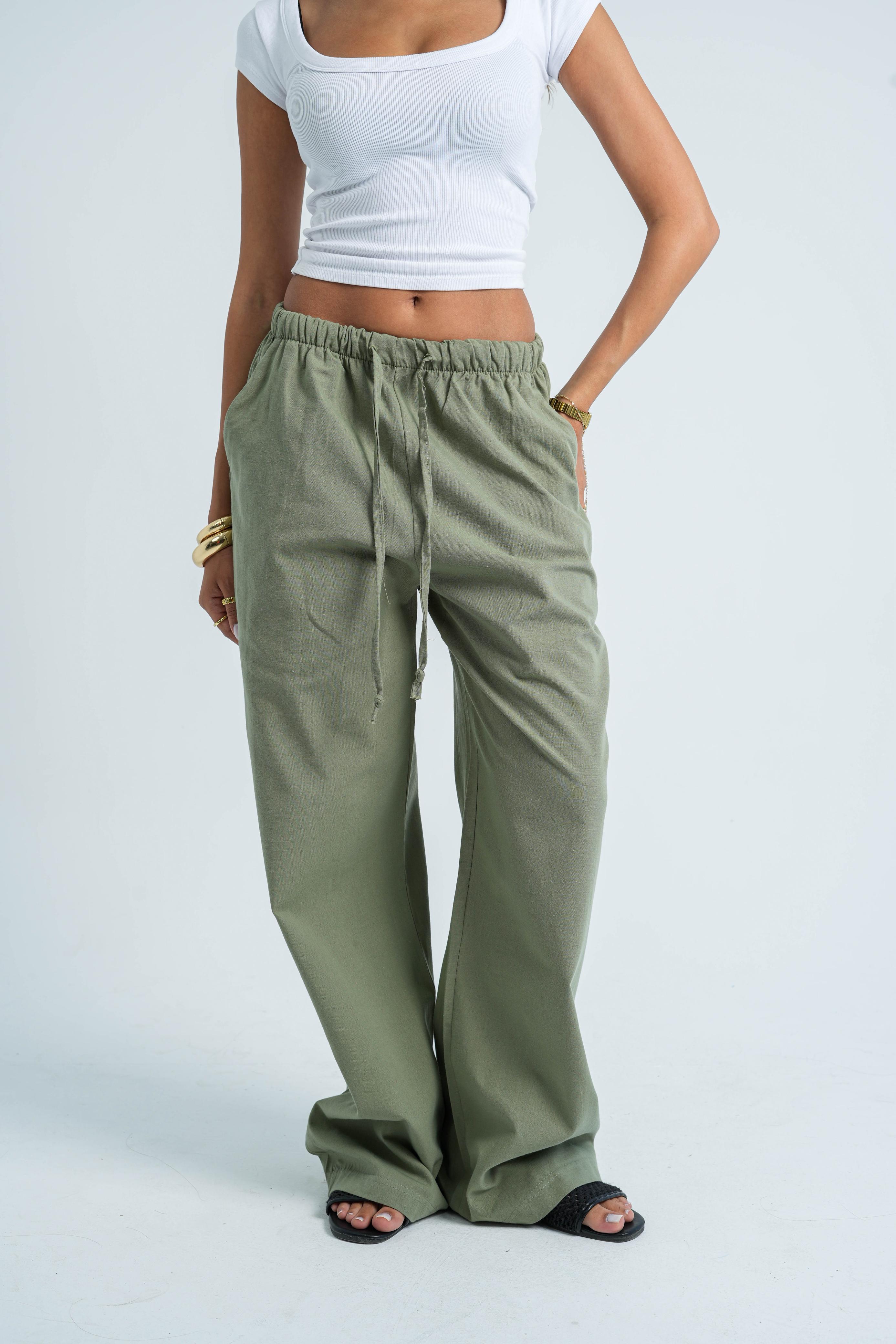 Wide-Leg Linen Trousers - Olive