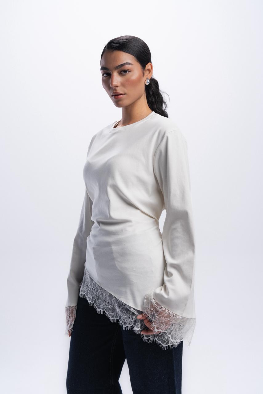 Long Sleeve Back tie lace Tee - Off white