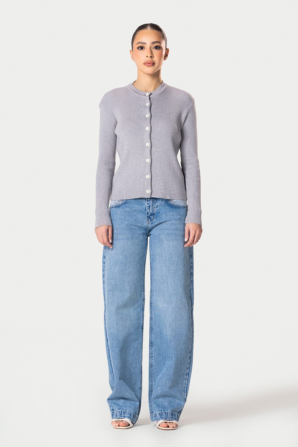 Knitted Ribbed Button Cardigan – Grey – photo 5