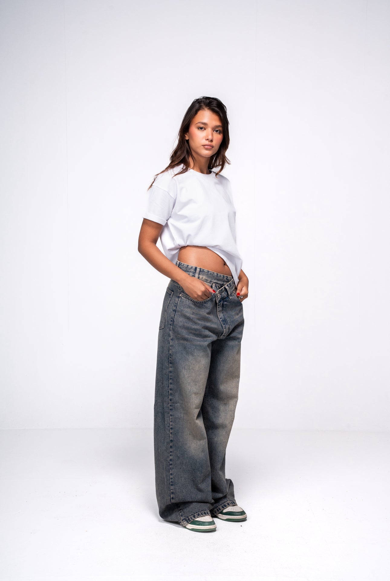 Dirty wide-Leg Crossover Waist Jeans