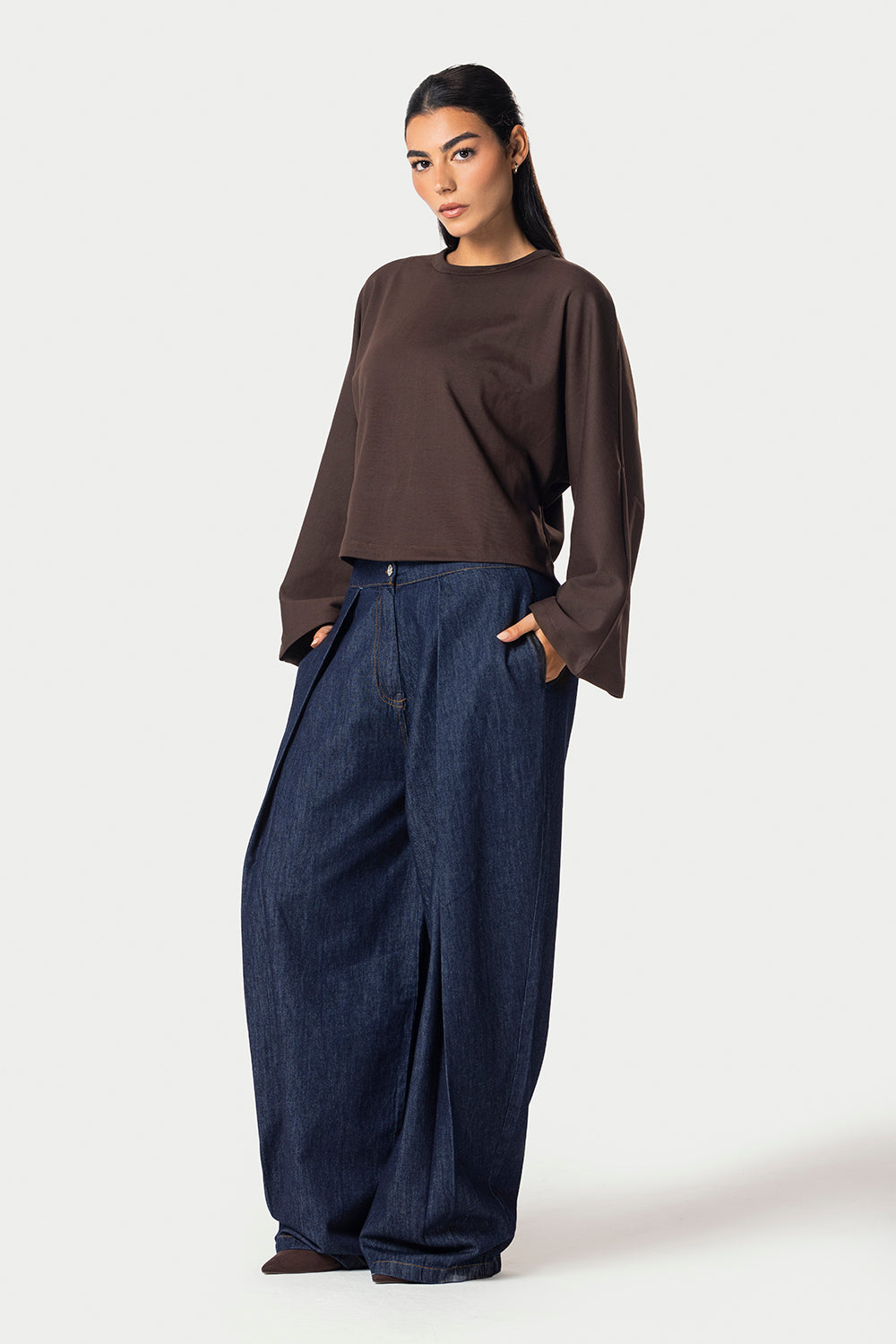 Wide Sleeve Cotton Tee – Brown – photo 9
