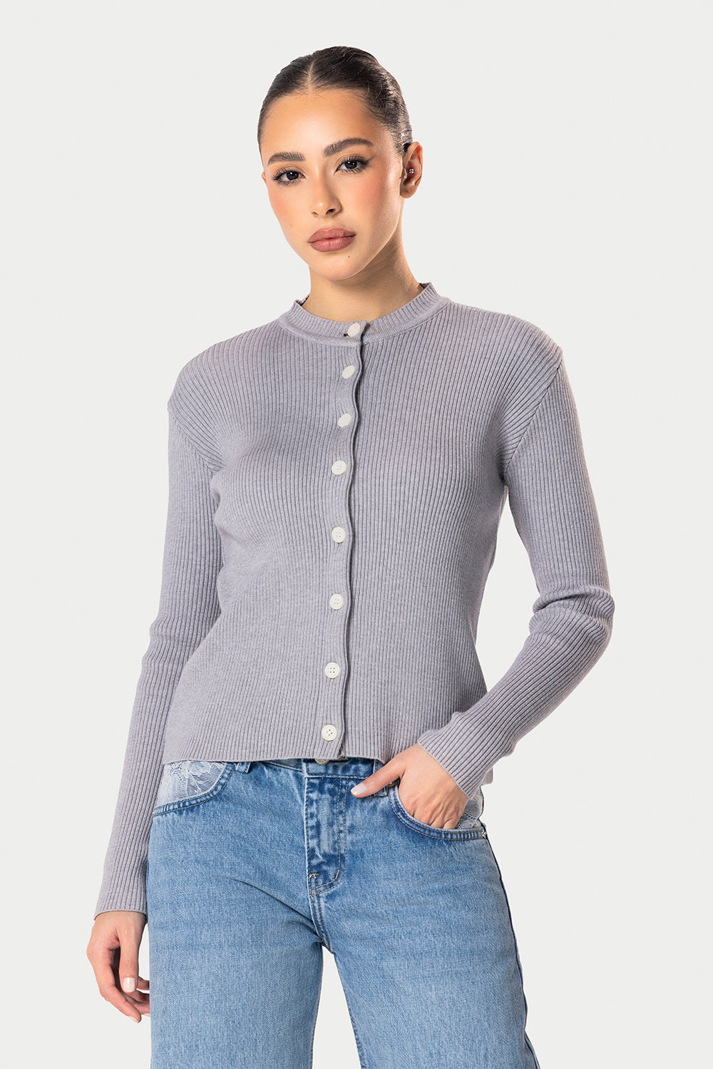 Knitted Ribbed Button Cardigan – Grey | Eighties