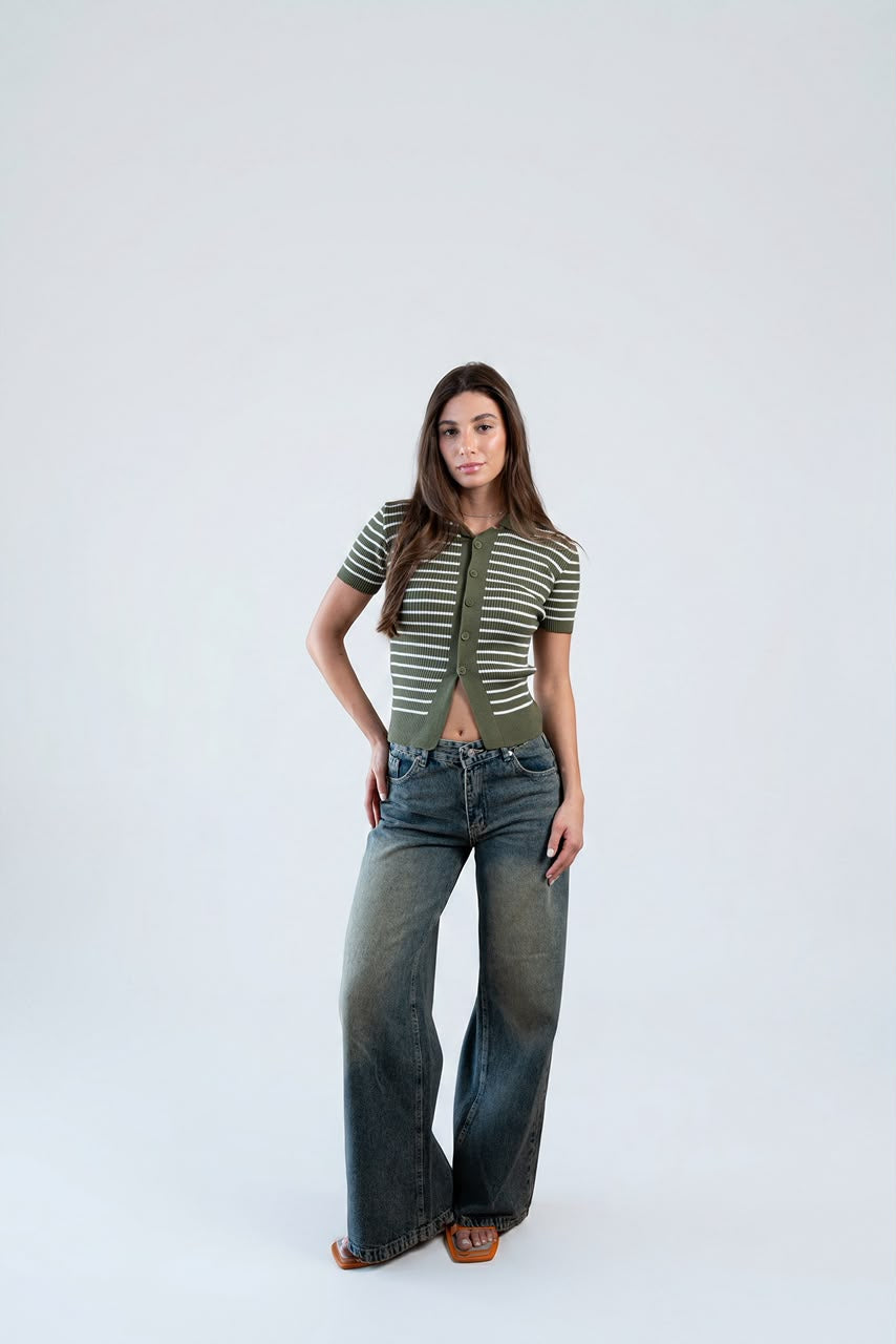Buttoned Striped Knit Top - Olive cream