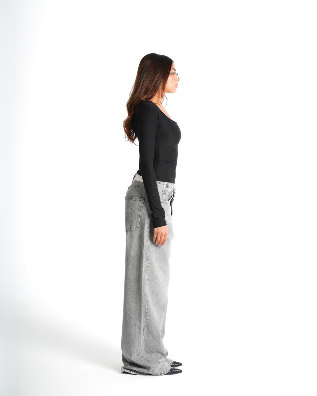 Cross-over waist wide leg jeans - light grey