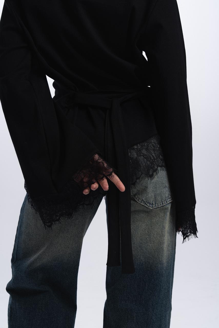 Long Sleeve Back tie lace Tee - Black