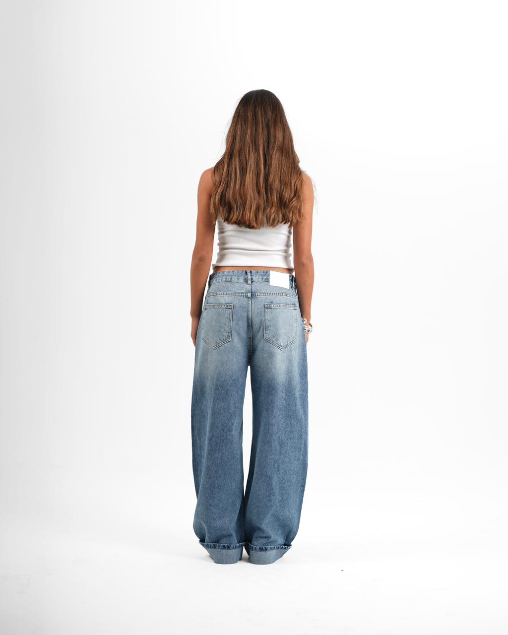 Baggy Folded Mid-Waist Jeans - light blue