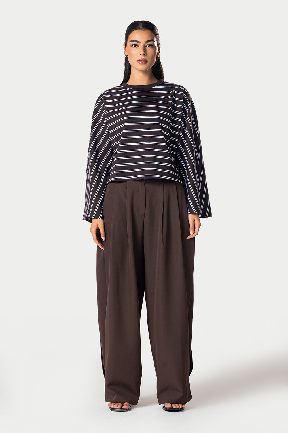 Wide Sleeve Striped Tee – Brown – photo 4
