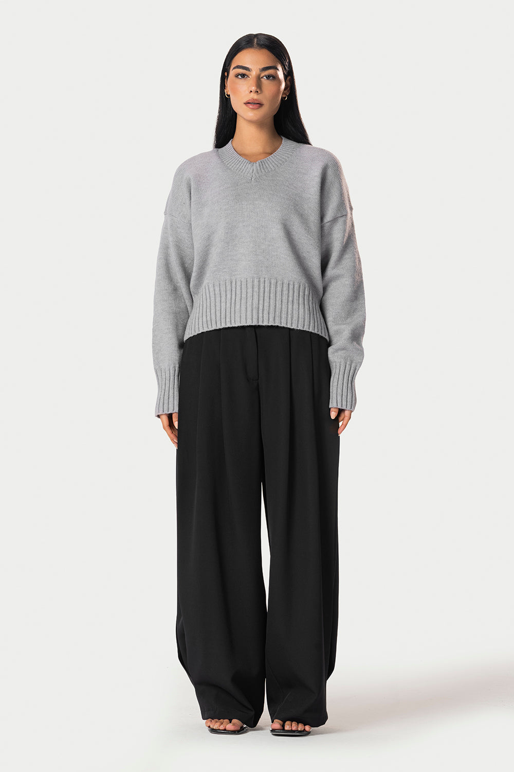V-Neck Knitted Sweater – Grey – photo 4