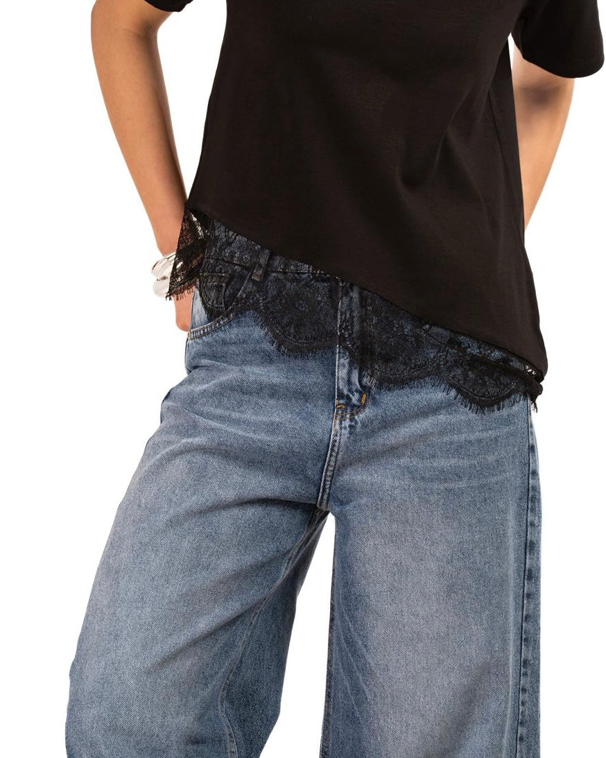 Short Sleeve Lace-Tee -Black
