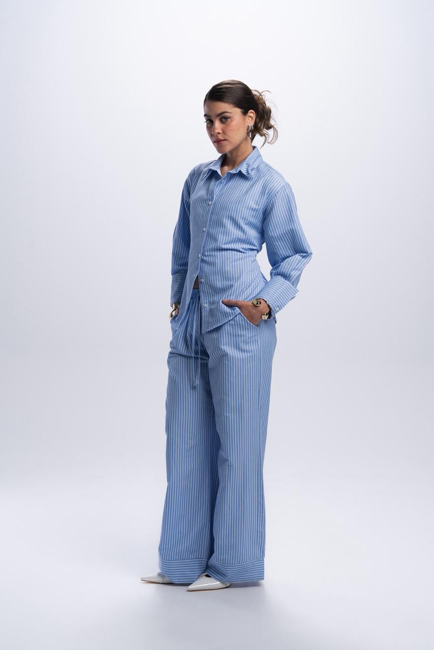 Back Tie Poplin Shirt - Blue striped