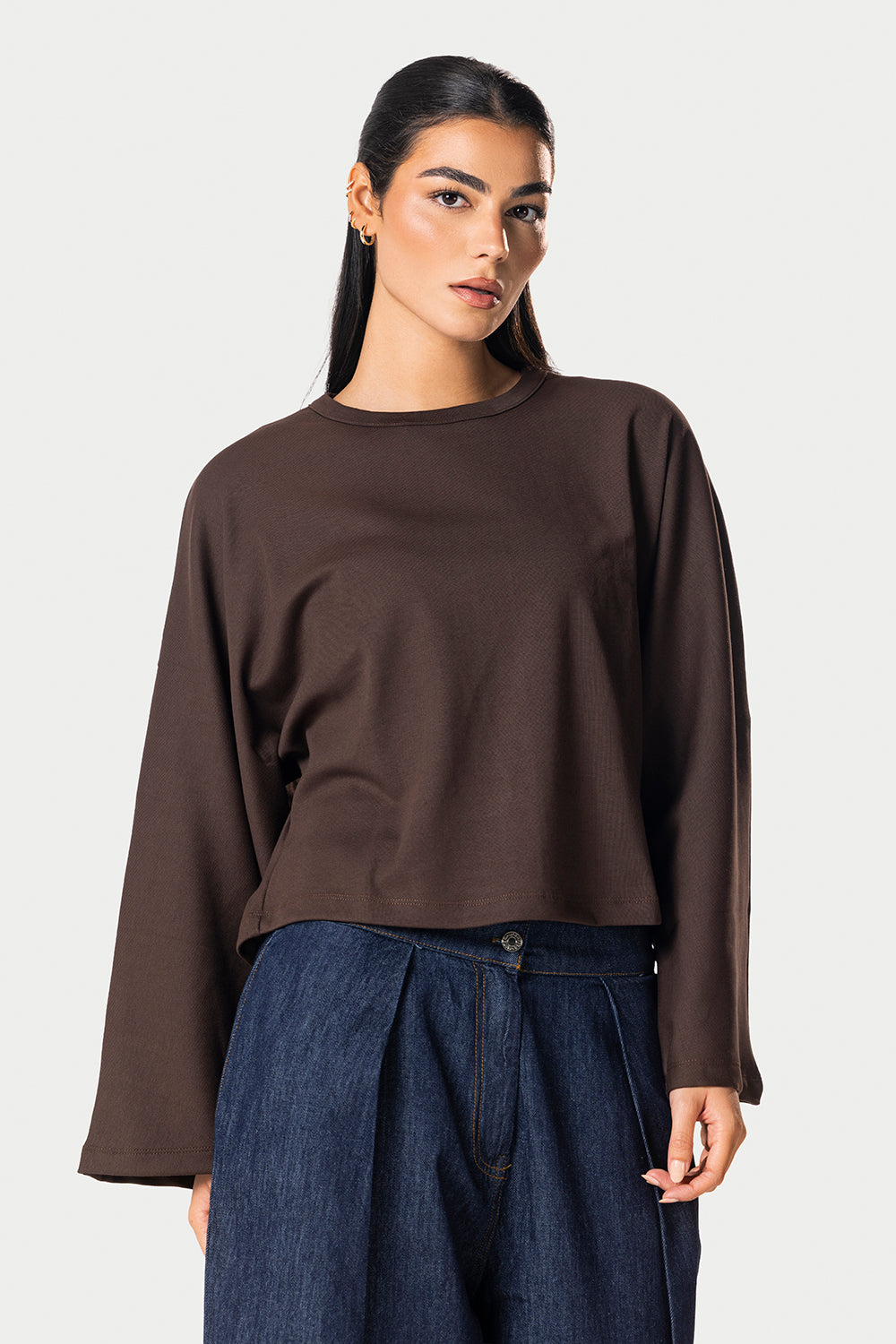 Wide Sleeve Cotton Tee – Brown – photo 4