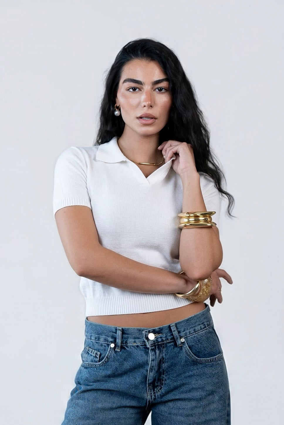 V-Neck Knitted Polo - Off White