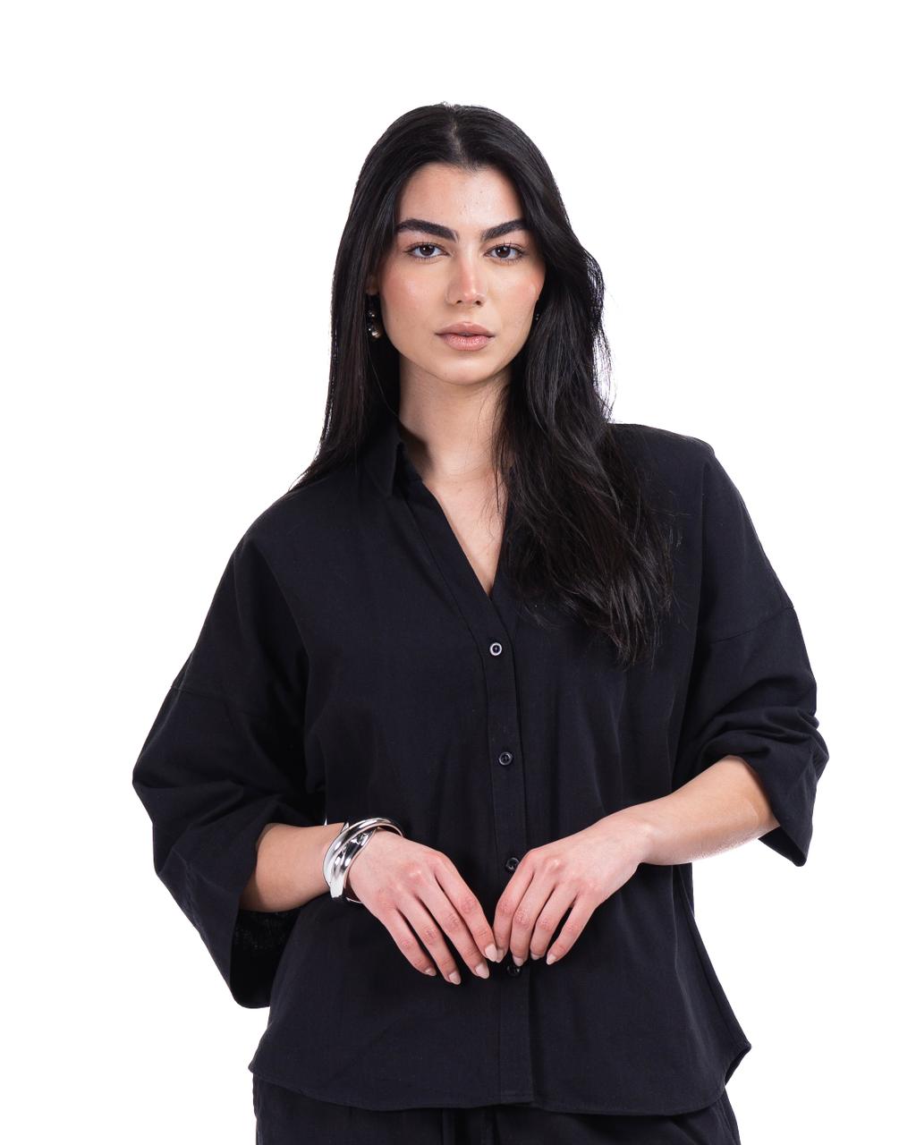 Wide Sleeve Linen Chemise - Black