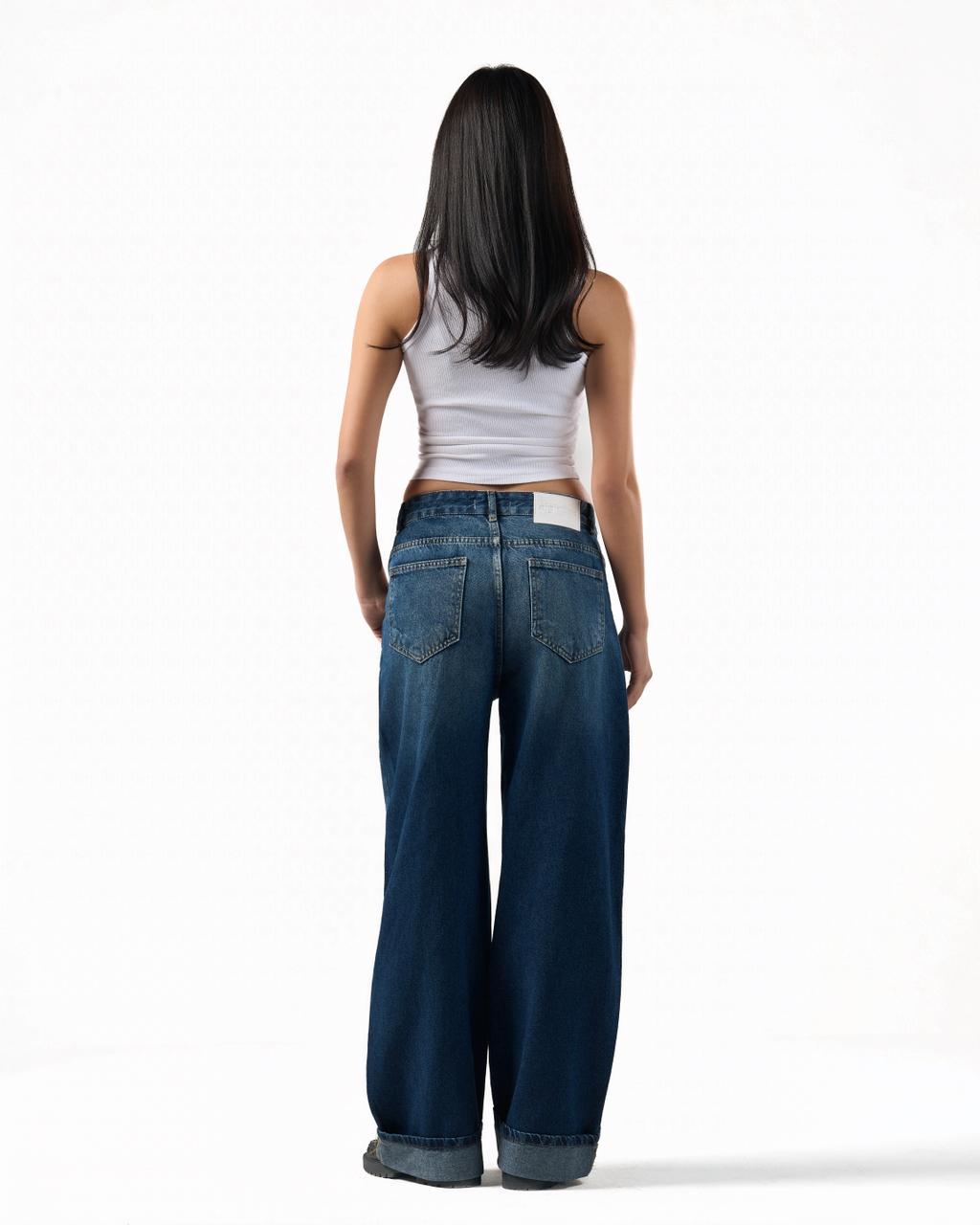 Baggy Folded Mid-Waist Jeans - Blue