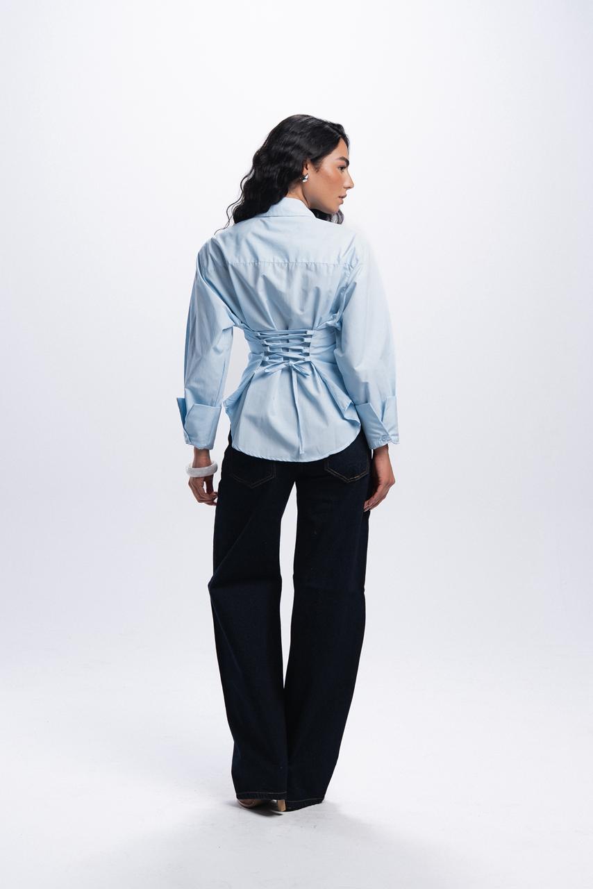 Back Tie Poplin Shirt - Baby Blue