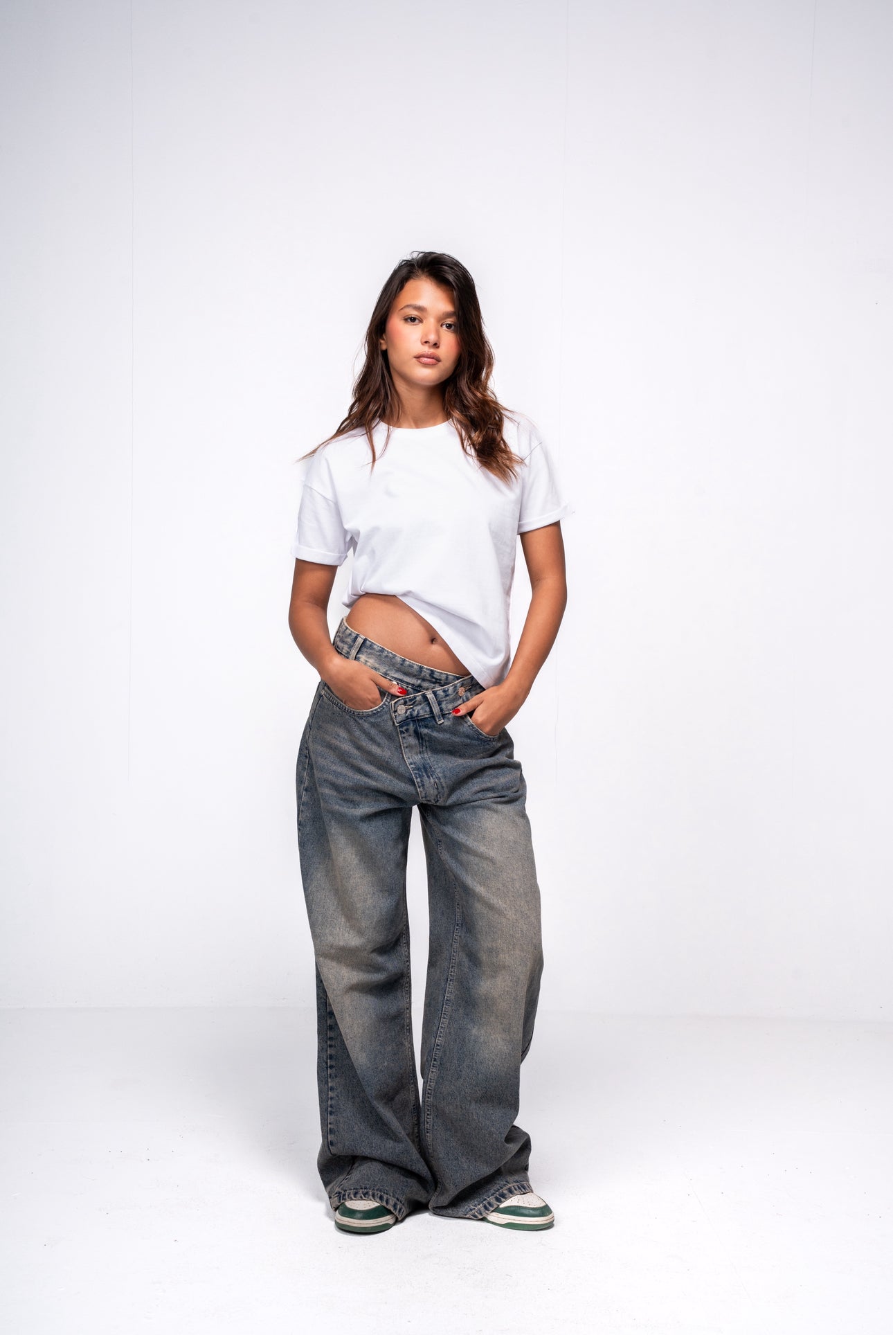Dirty wide-Leg Crossover Waist Jeans